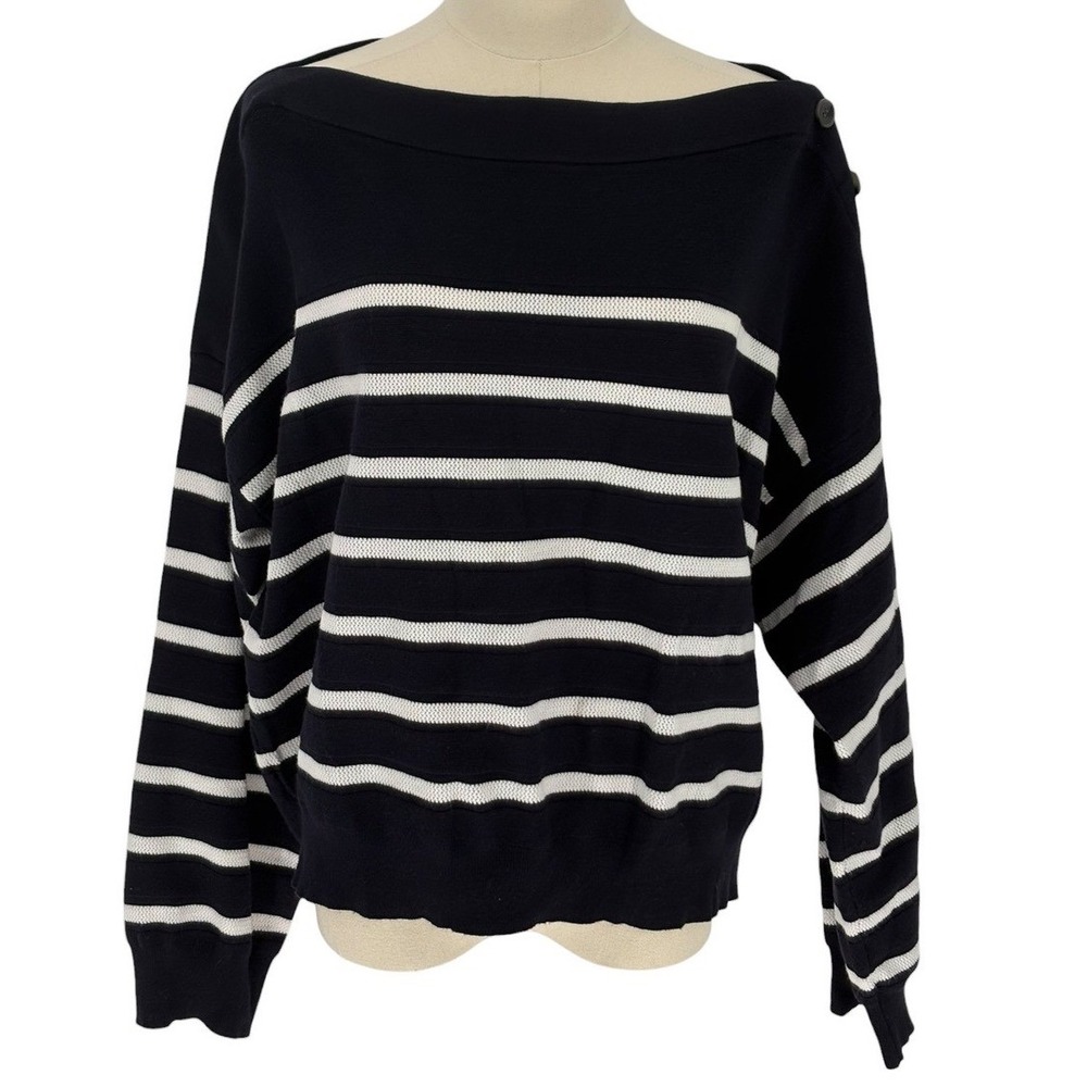 Free Assembly Striped Boat Neck Sweater Womens XL Navy White Button Shoulder
